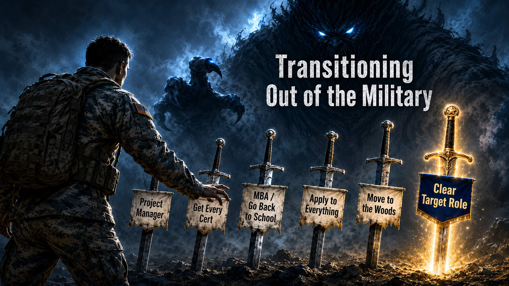Illustration of a service member choosing 'Clear Target Role' — the glowing sword — over common transition traps like 'Project Manager,' 'Get Every Cert,' 'MBA/Go Back to School,' 'Apply to Everything,' and 'Move to the Woods.'